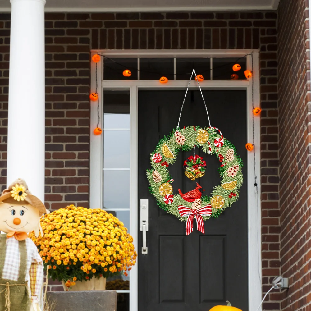 DIY Xmas Bird Bell Acrylic Single Side Special Shaped Diamond Painting Wreath Ornament with LED Light