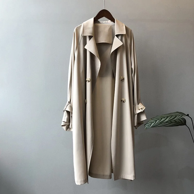 Aachoae Fashion Solid Color Women Trench Coat 2021 Loose Double Breasted Windbreaker Ladies Casual Long Overcoat Abrigo Mujer