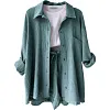 Women's Wrinkled Fabric Casual Long Sleeve Shirt High Waist Drawstring Shorts Two-piece Set