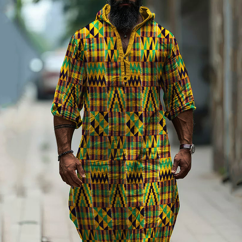 Men's African Ethnic Kente Pattern Hooded Linen Long Tunic