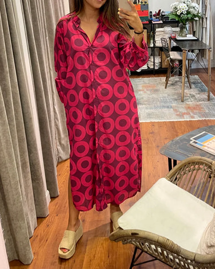 V-Neck Printed Long Sleeve Dress