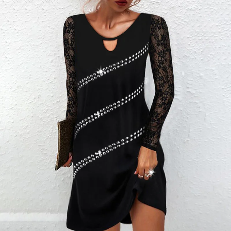 Lace Up See-through Look Round Neck Long Sleeve Midi Dress
