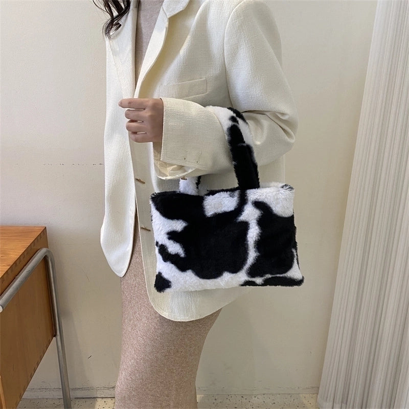 Women’s Medium Plush Color Block Streetwear Square Magnetic Buckle Handbag