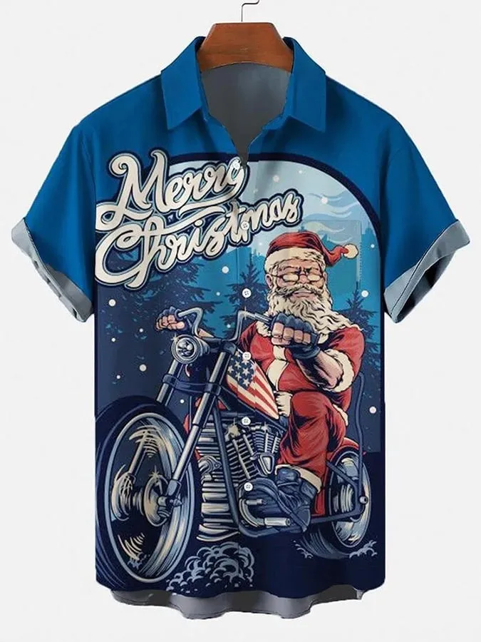 Men's Merry Christmas Santa Riding Motorcycle Plus Size Christmas Tree Short Sleeve Shirt