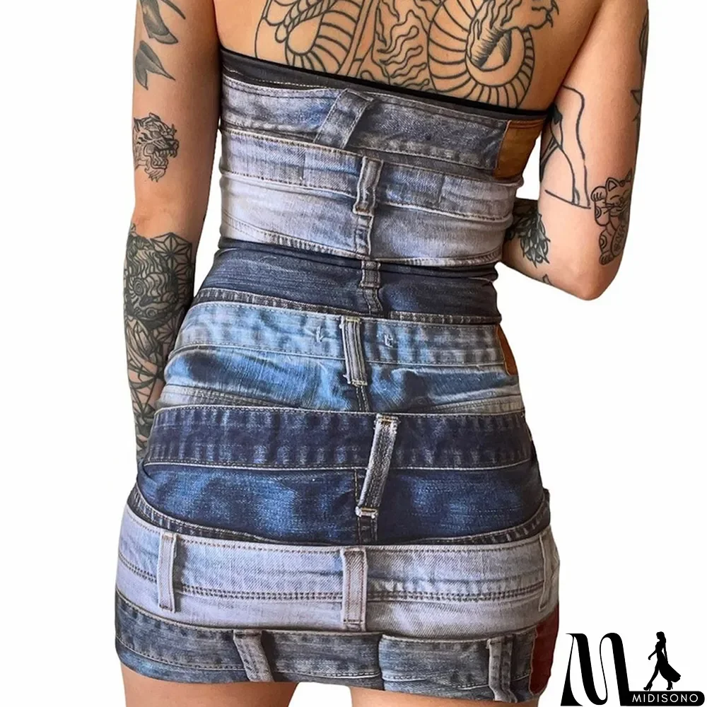 MidiSono - Women's Spring Fashion Print Style Slim Low Back Strapless Bodycon Dress