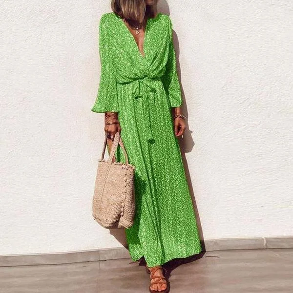 Classy Green Print V-Neck Long Sleeve Maxi Dress