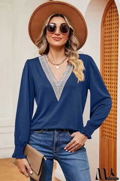 MidiSono - Lace Detail V-Neck Lantern Sleeve T-Shirt