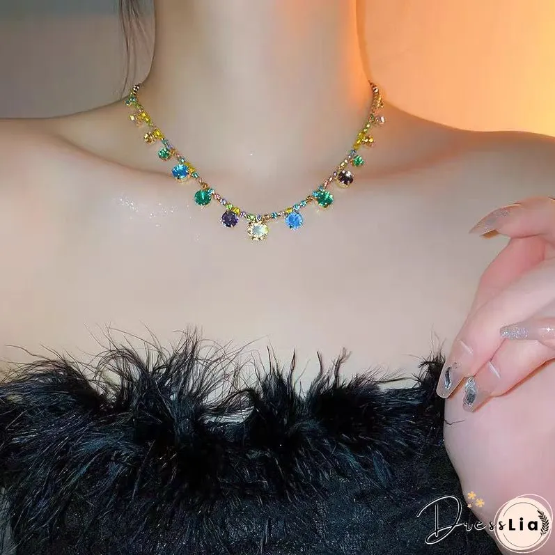 Style Rainbow Alloy Zircon Square Princess Necklace