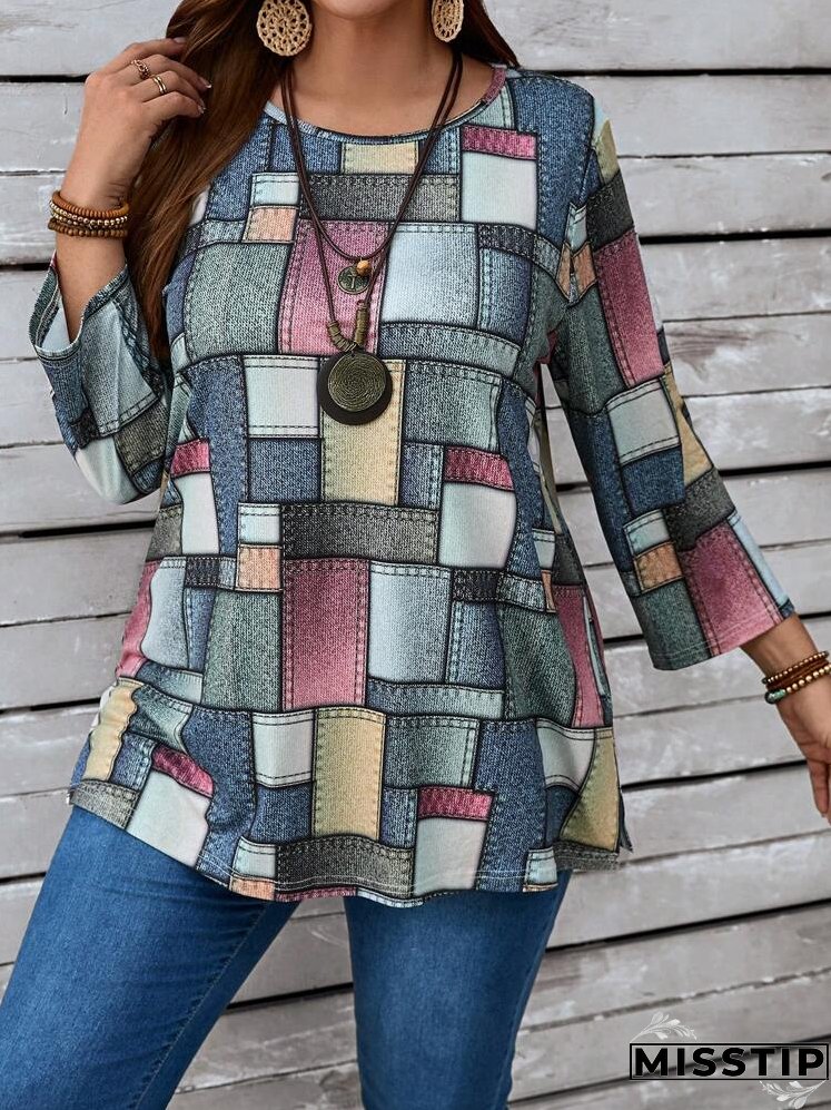 Plus Size Color Block Round Neck Casual Long Sleeve T-Shirt