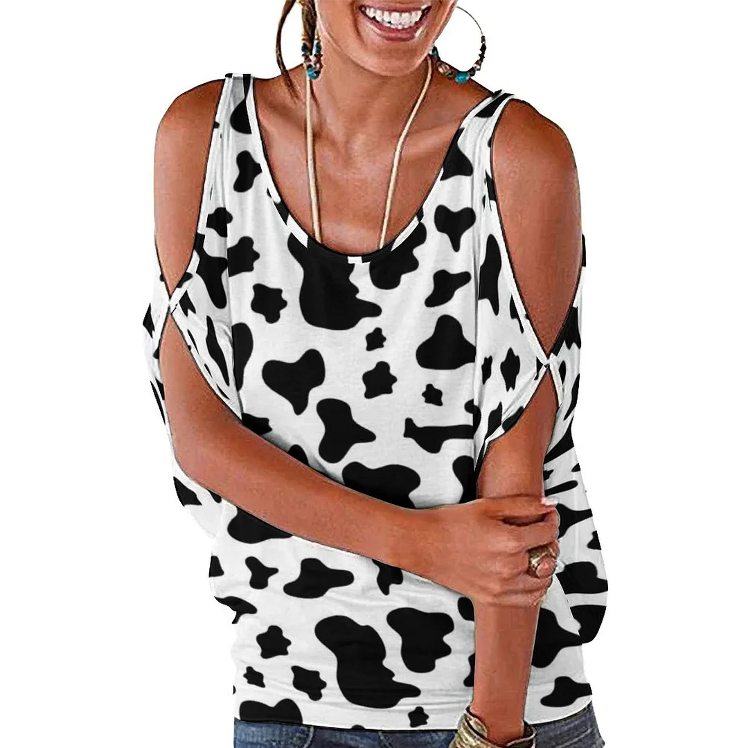 Black White Cow Print Cold Shoulder Blouse Tops Loose O-Neck Short Sleeve Tee Shirts Summer Tunic