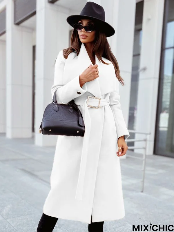 Fold-Over Collar Belt Plain Long Sleeve Coats