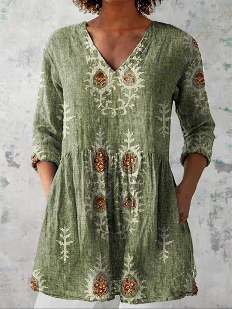 Womens Vintage Geometric Art Pattern Casual Linen V-Neck Shirt