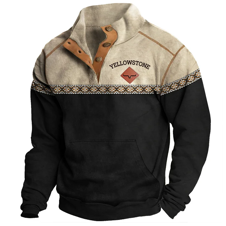 Men's Vintage Western Yellowstone Colorblock Stand Collar Sweatshirt