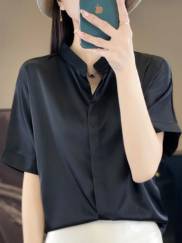 Loose Short Sleeves Buttoned Solid Color Stand Collar Blouses&Shirts Tops