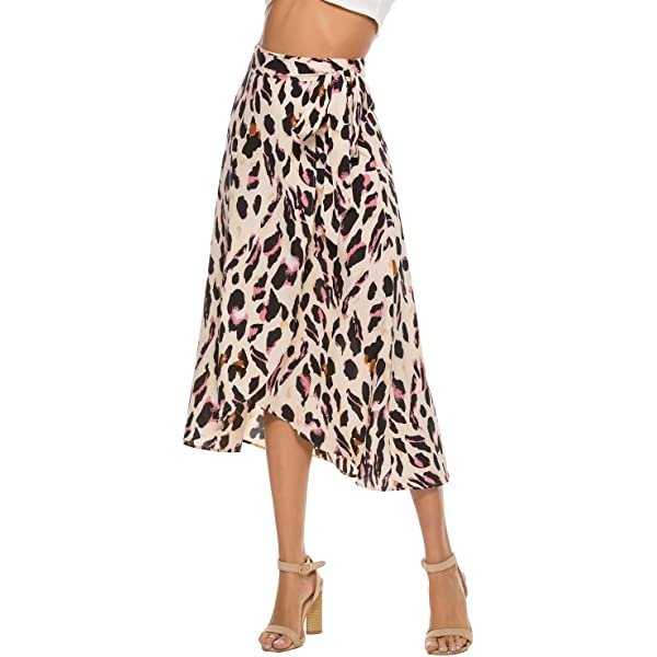 Women's Boho Leopard Skirt High Low Split Summer Beach Midi Wrap Skirts Medium