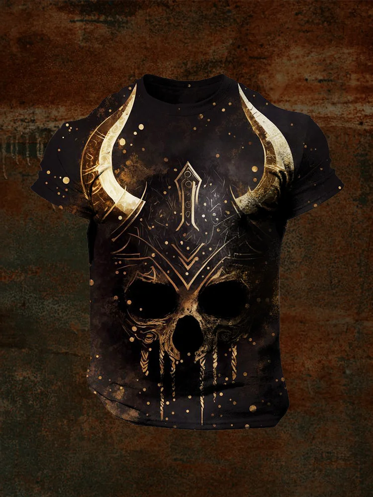 BrosWear Men's Golden Viking Skull Round Neck Comfy T Shirt