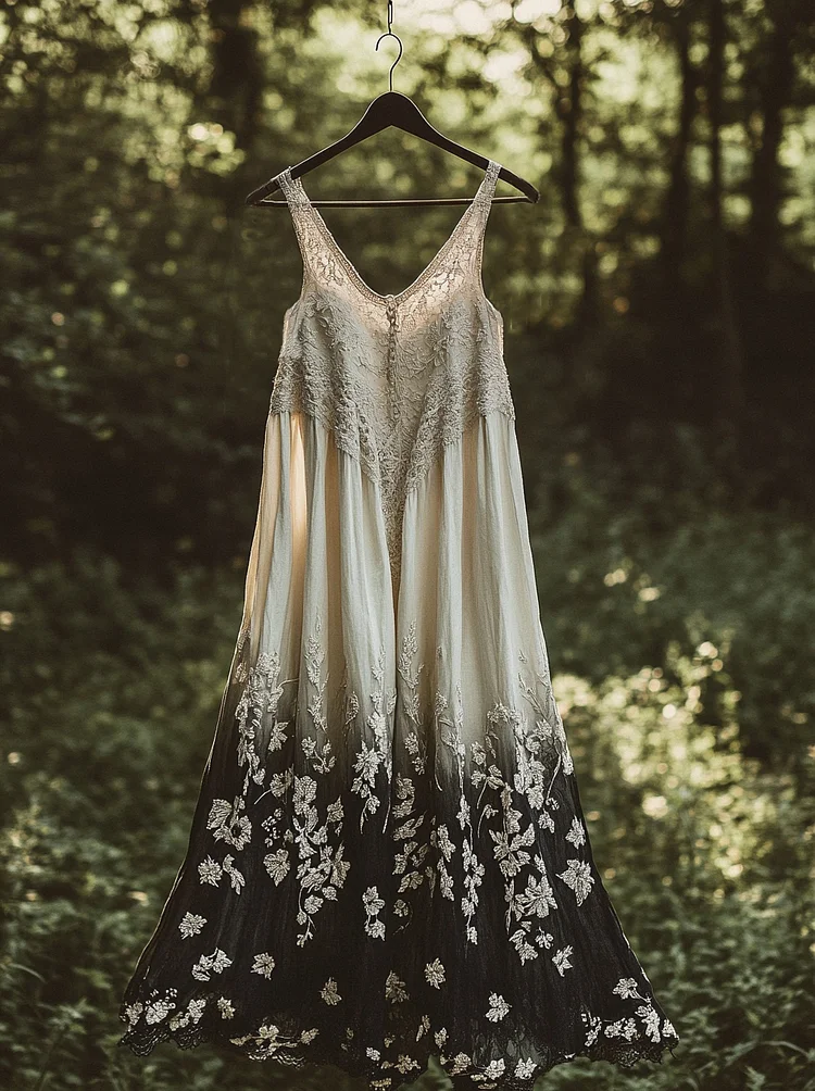 Utbros Floral Embroidered Pattern Linen Contrast Color Sling Dress