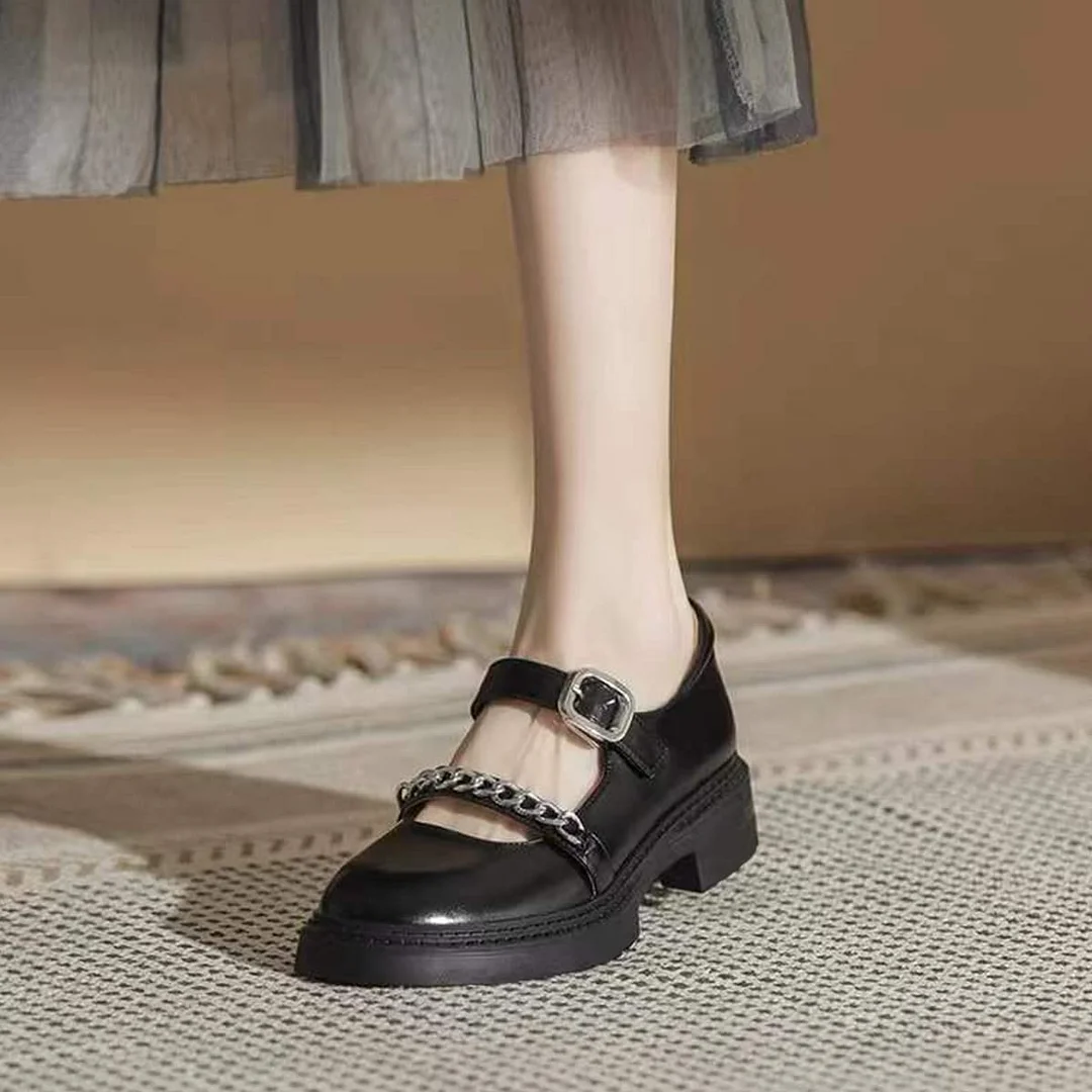 Black Vegan Leather Round Toe Metallic Chain Strappy Mary Jane Shoes 