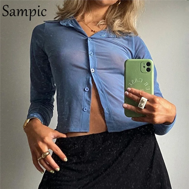 Sampic Vintage Fashion Sexy Women Mesh Y2K 90s Long Sleeve T Shirt Casual Tie Dye Summer 2021 Transparent Party GradienCrop Tops