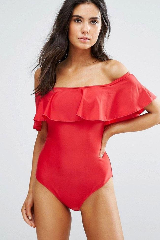 Red Solid Ruffle Off The Shoulder One Piece Swimsuit-elleschic