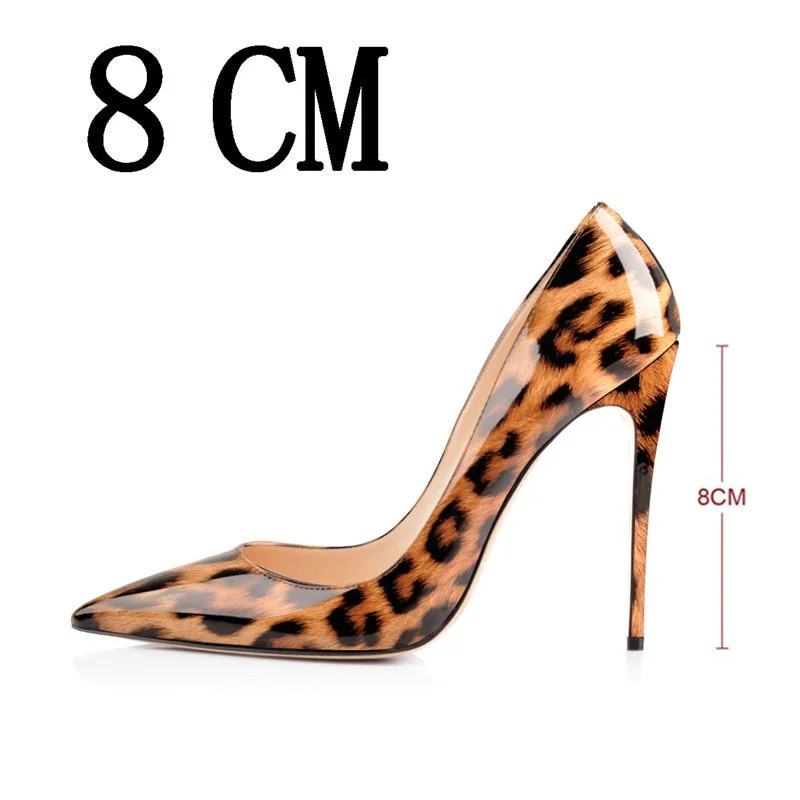 Onlymaker Women's Pointed Toe 8CM 10CM 12CM Thin Heels Leopard Print Sexy Pumps Patent Leather Lady Shoes Big Size US5~US15
