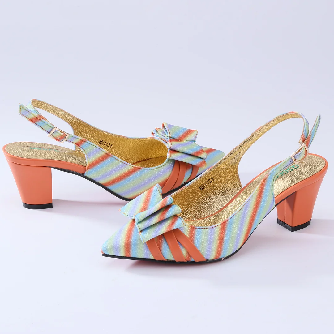 QSGFC New Coming Italian Design African Colorful Stripes Pattern Style Women Shoes and Bag Set in Orange Color for Party Wedding