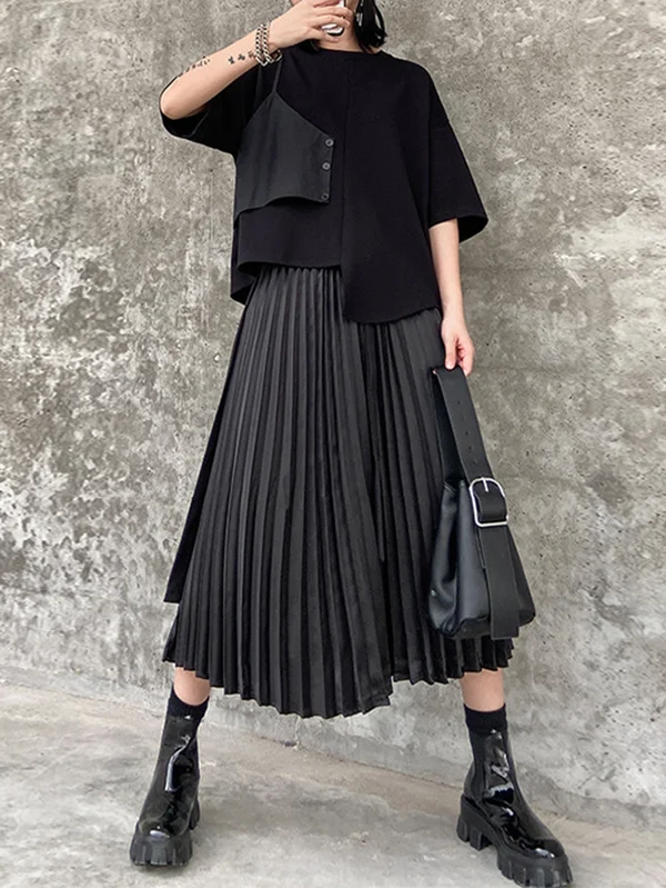 Pure Color Cropped False Two Split-Joint T-Shirts Tops + Belted Pleated Skirts Bottoms  Two Pieces Set