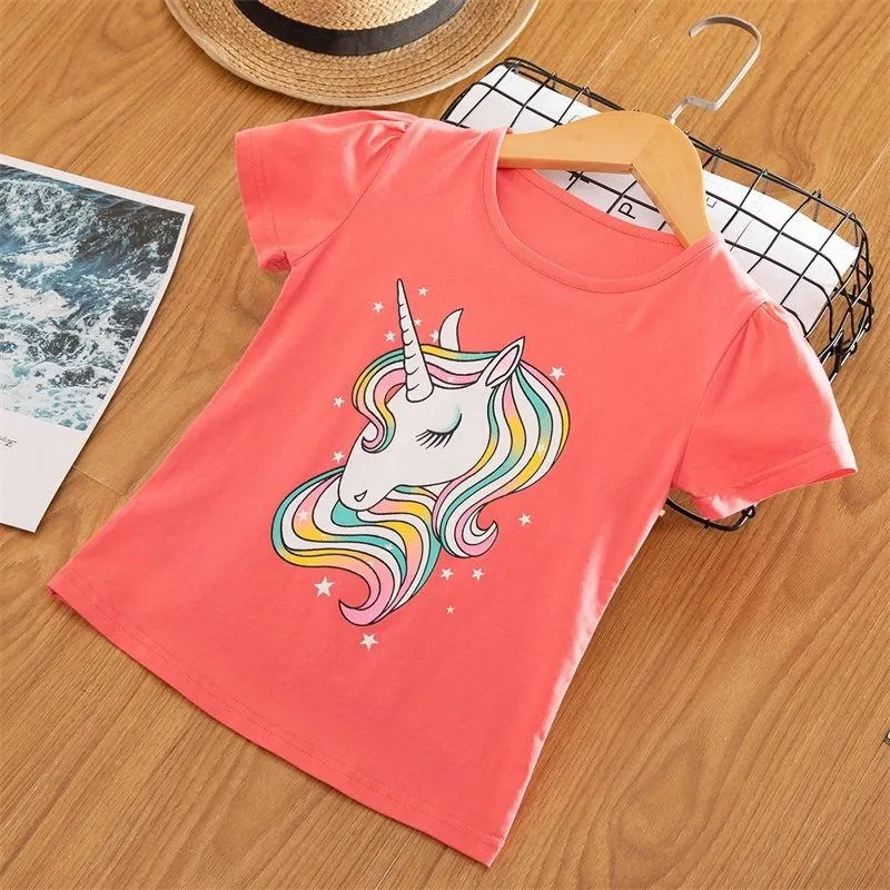 Girls T-shirts Short Sleeve Flamingo Unicorn Print Tops for Baby Girl Summer Clothes Sequins Tshirt 3-8Yrs Kids Tees for Girls