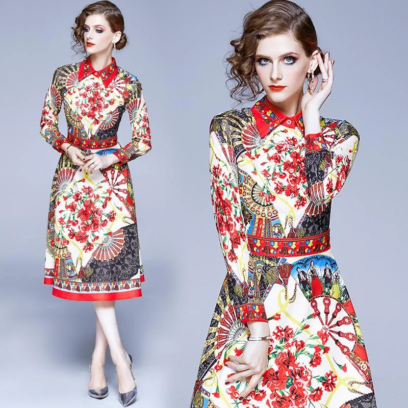 Lapel printed long-sleeved A-line dres