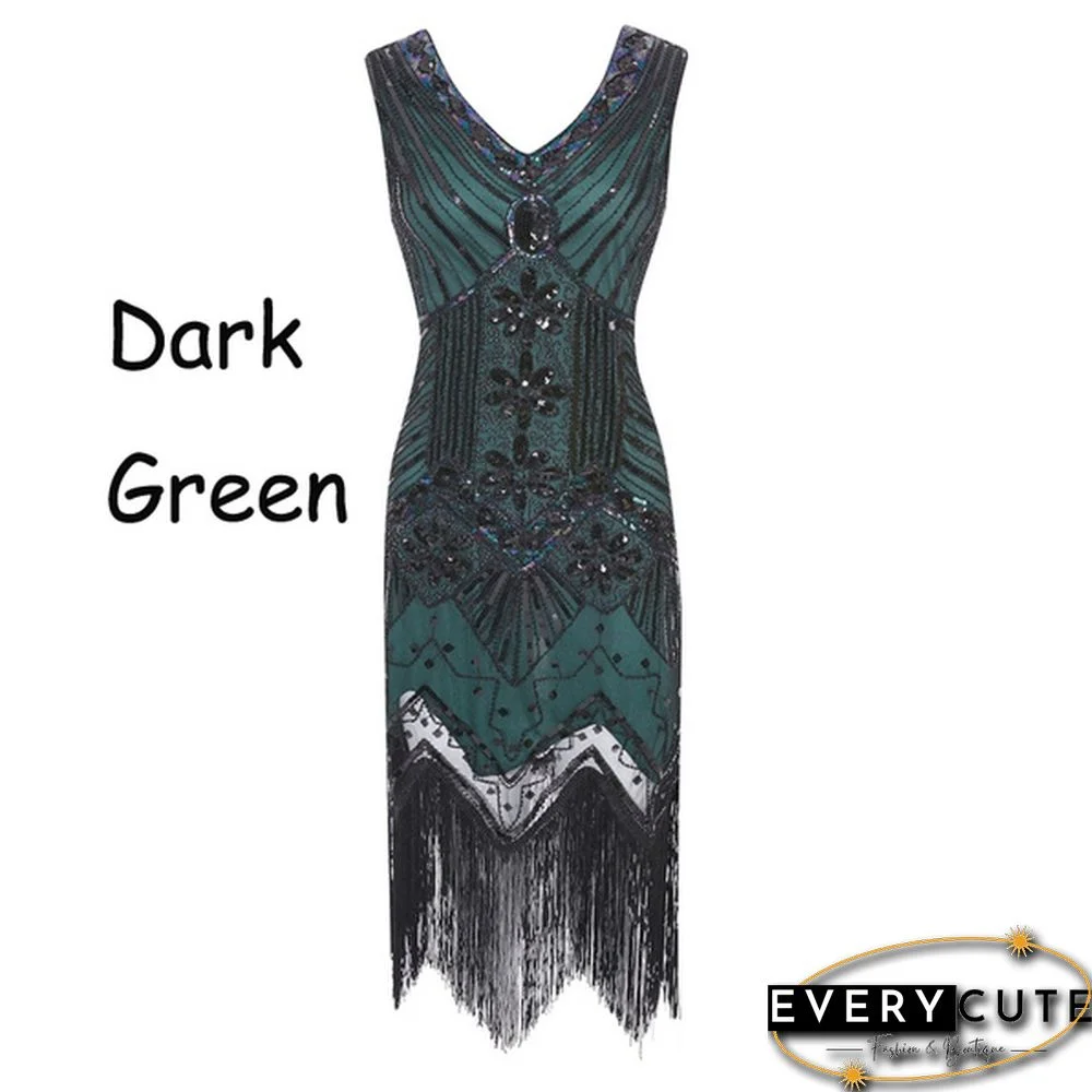 Vintage Dress Great Gatsby Dress 1920S Sequin Flapper Evening Dress Prom Tassel Hem Dress