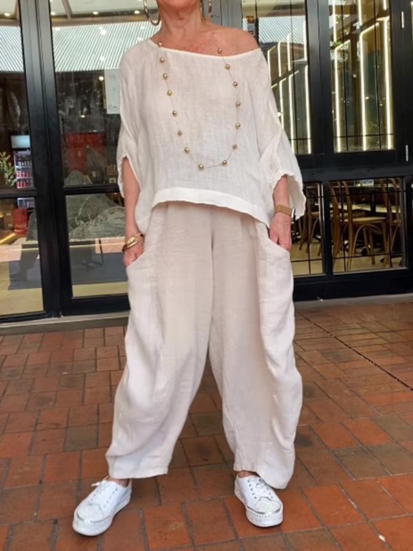 Women's casual cotton and linen bat sleeve top + pants two-piece set