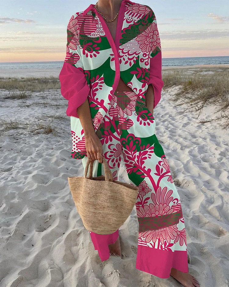 Vacation Style Pink Flower Print Shirt & Pants Two-Piece Set