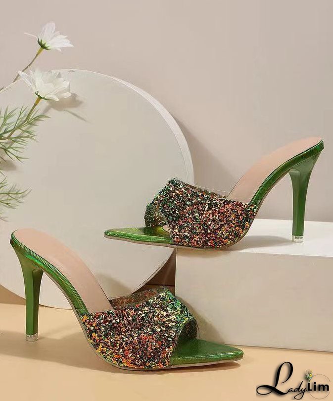Fashion Green Sequins Splicing Stiletto High Heels Slide Sandals