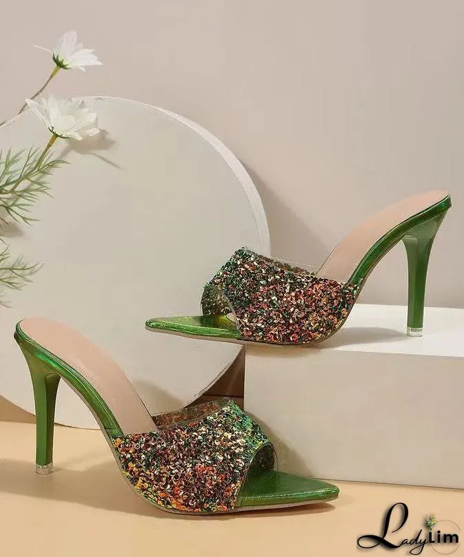 Fashion Green Sequins Splicing Stiletto High Heels Slide Sandals