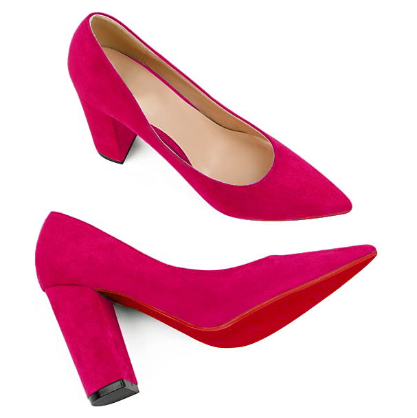 3.5" Women's Chunky Heels Red Bottom Shoes Comfortable Middle Block Heel Suede Pumps-MERUMOTE