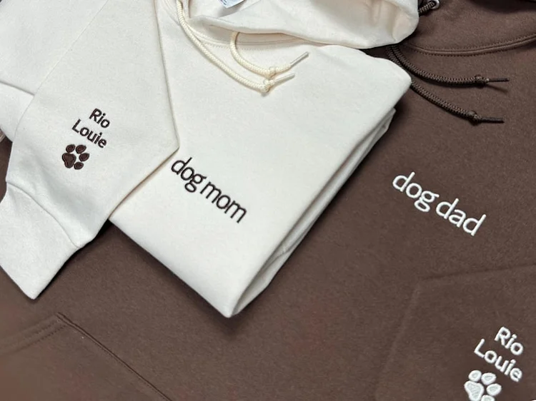 Custom Embroidered Dog Dad and Dog Mom Hoodie with each Dogs' Names on Sleeve