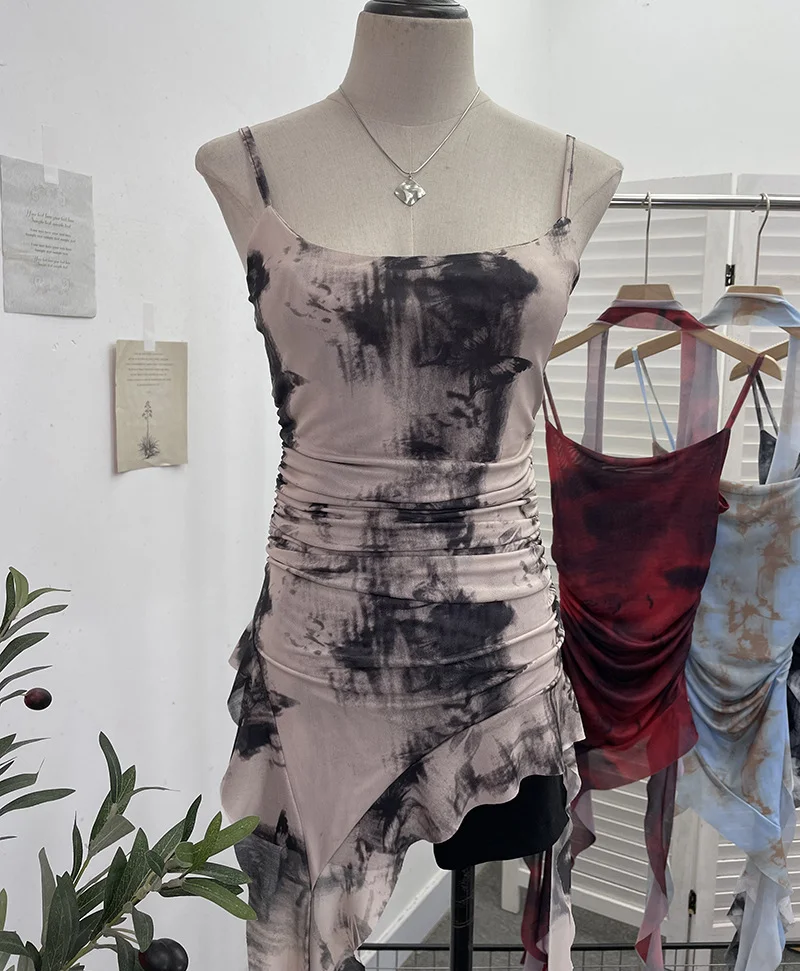 Churchf Spice Girls Irregularly Designed Lotus Leaf Edge Ribbon Sling Vest Tie Mesh Folding Top 9962