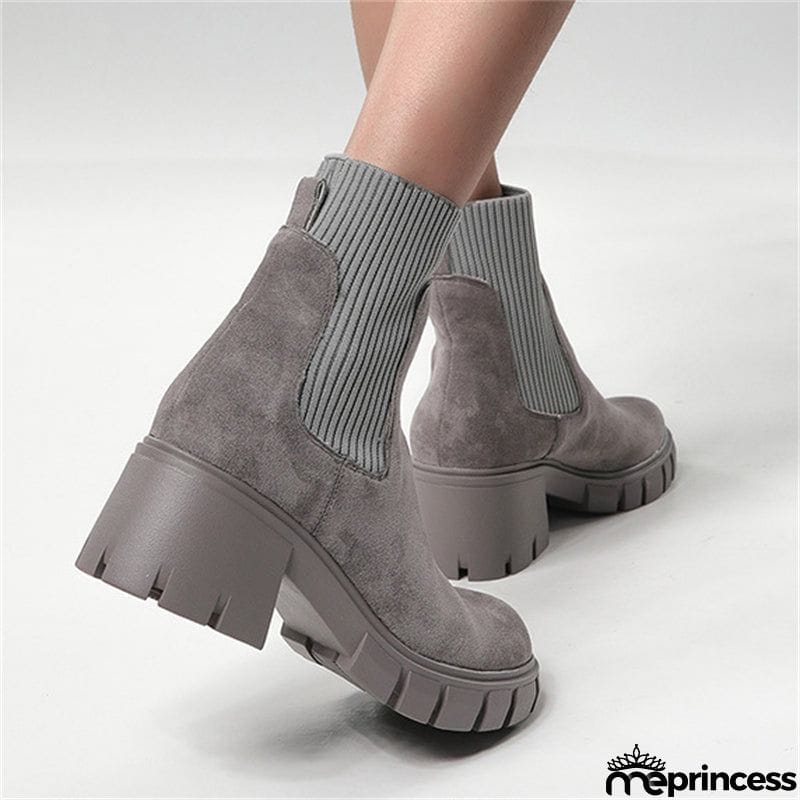 Winter Daily Women Chunky Heels Suede Chelsea Martin Boots