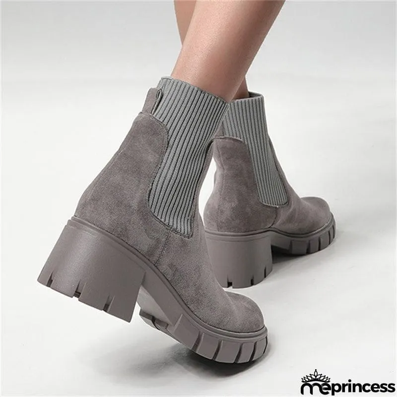 Winter Daily Women Chunky Heels Suede Chelsea Martin Boots
