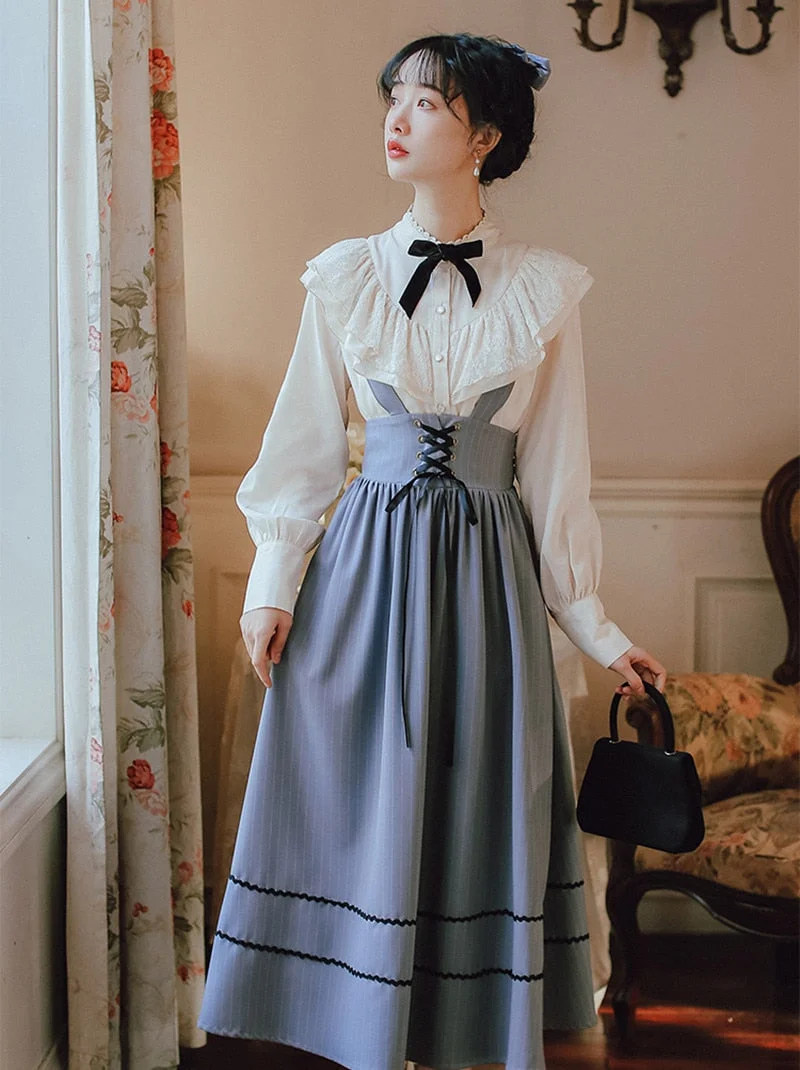 Sweet Lace Bow Shirt+Bandage Stripe Long Skirt Set BE642