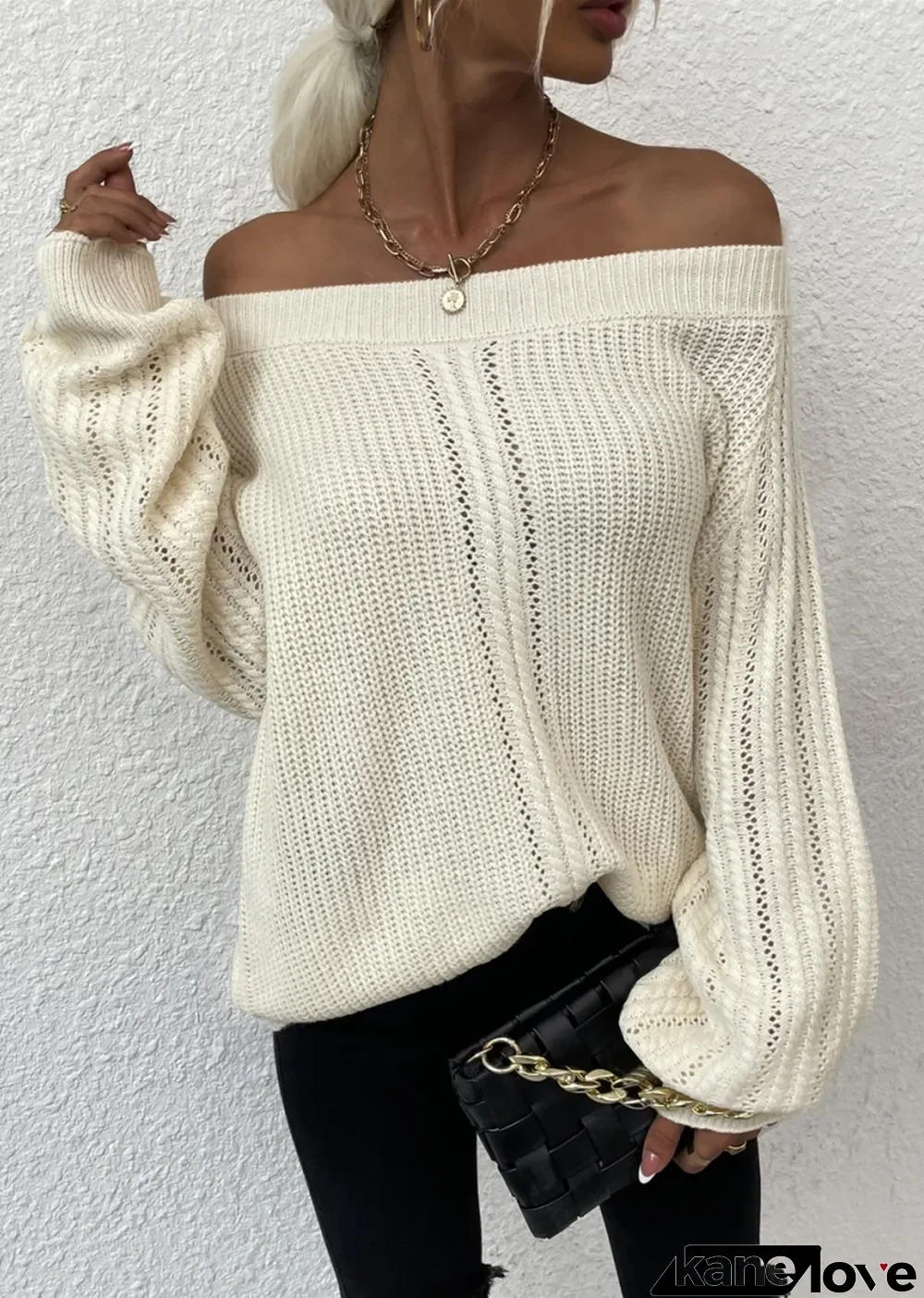 Winter Beige Off Shoulder Loose Sweater Top