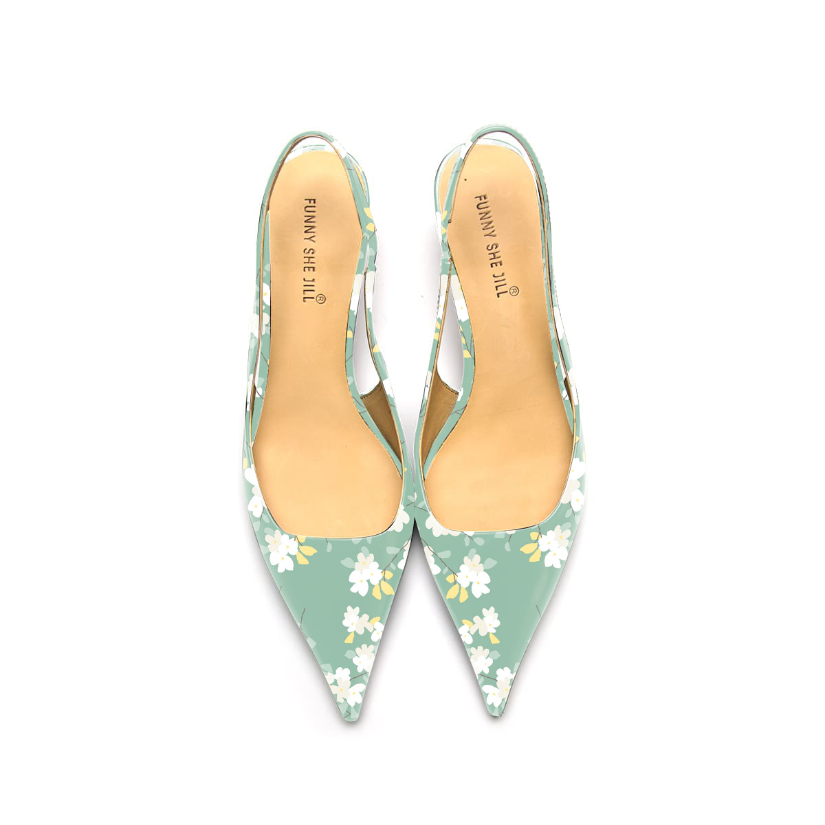 Green Floral Pattern Patent Leather Pointed Toe Elegant Kitten Heel Slingback Dress Pump Shoes