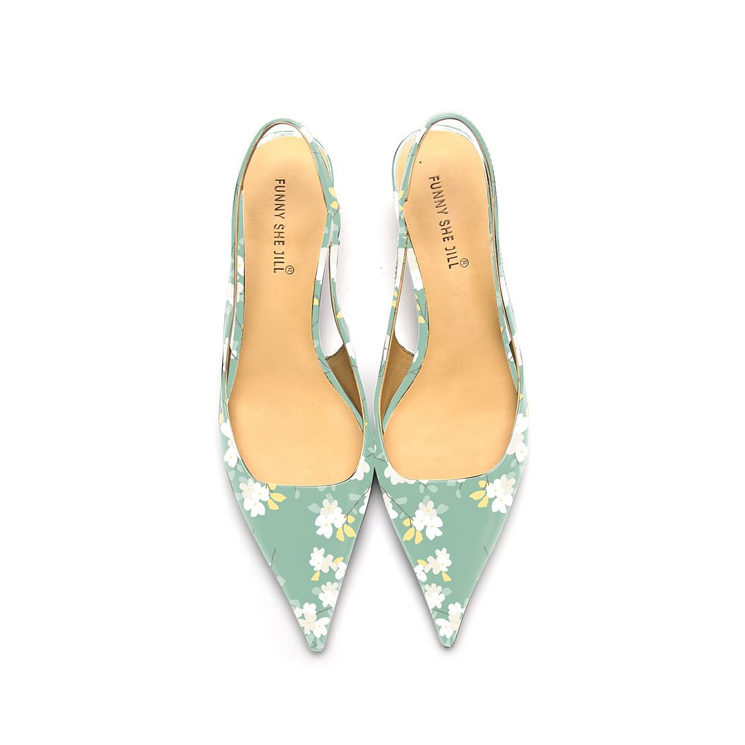 Green Floral Pattern Patent Leather Pointed Toe Elegant Kitten Heel Slingback Dress Pump Shoes Nicepairs