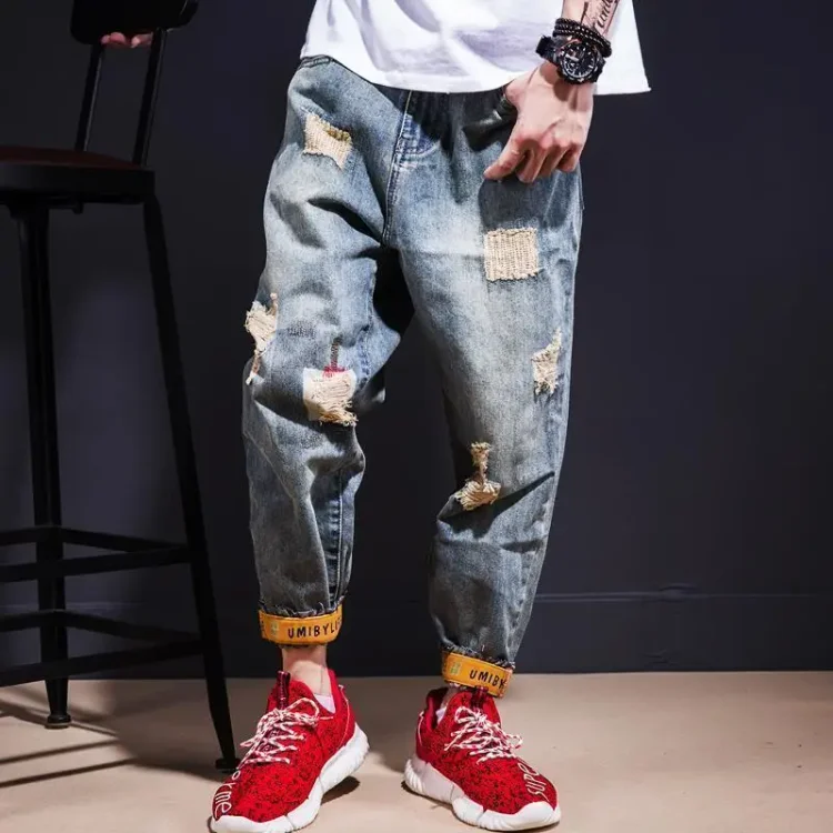 Xrcrm Man Cowboy Pants Graphic Trousers Cropped with Holes Men's Jeans Print Torn Ripped Broken Streetwear Autumn Clothing Stylish Y2k