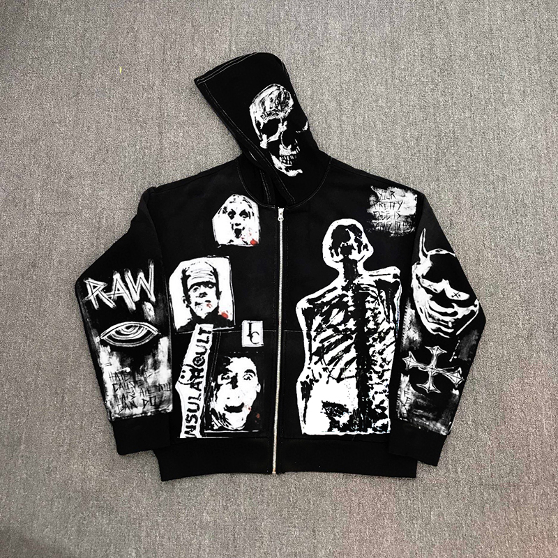Trendy Collage Graphics Unholy Print Zipper Up Hoodie