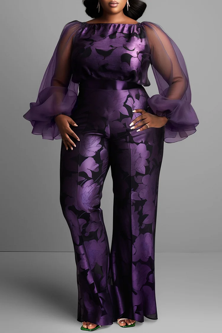 Xpluswear Design Plus Size Formal Purple Floral Boat Neck Lantern Sleeve Long Sleeve See Through Elegant Satin Tulle Jumpsuits [Pre-Order]