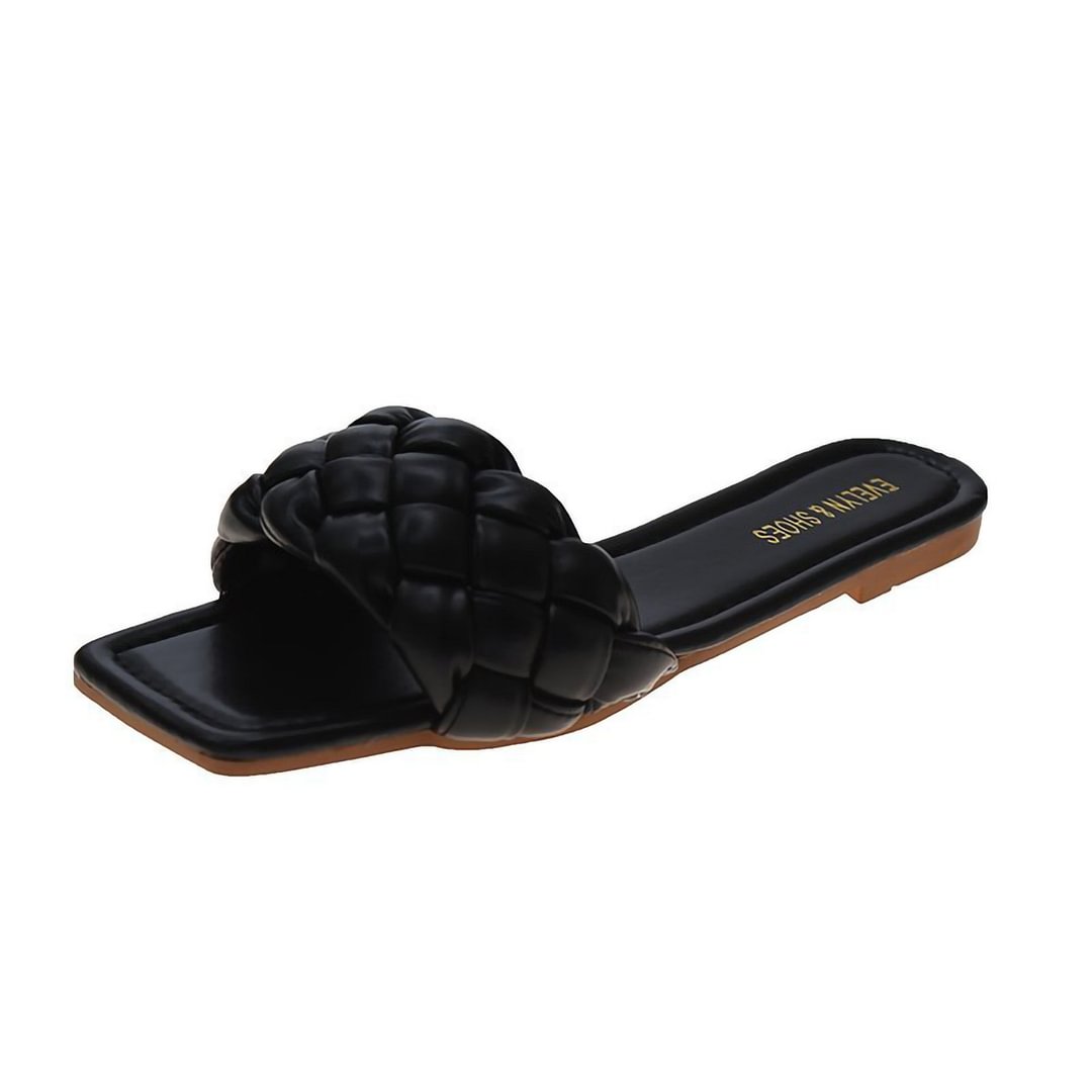 Letclo™ 2021 Summer New Fashion Women Weave Square Toe Flat Casual Shoes Women Slide Slippers  letclo Letclo