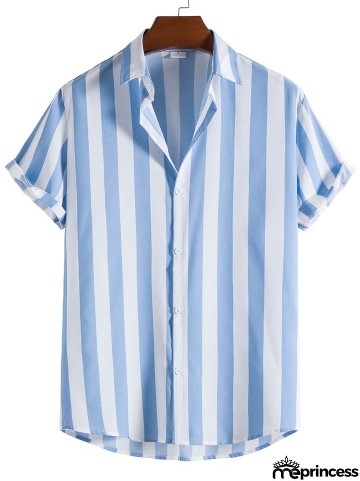 Men's Vertical Striped Button Down Aloha Shirt for Beach