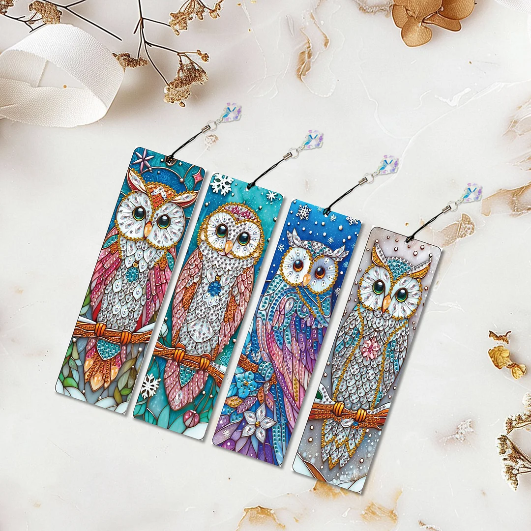 4Pcs Owl DIY Diamond Bookmark Art Projects Irregular Shaped Diamonds Diamond Painting Art Bookmarks with Crystal Pendants for DIY Making Beginners Adult Art Craft Supplies