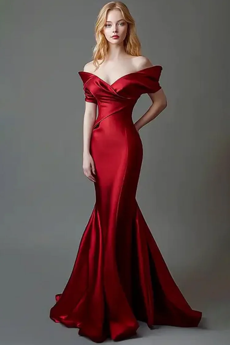 Solid Off The Shoulder Mermaid Maxi Dress-Burgundy [Custom-Made]